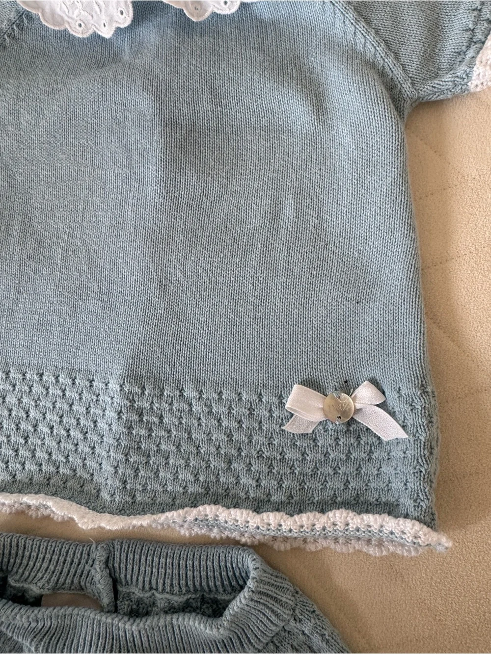 Light Blue Knit Baby Matching Set with White Eyelet Collar